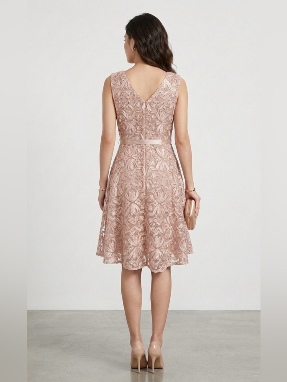 Alex Evenings Pink Blush Nude Ribbon Rosette Fit & Flare Cocktail Dress, Size 14 - Picture 3 of 6